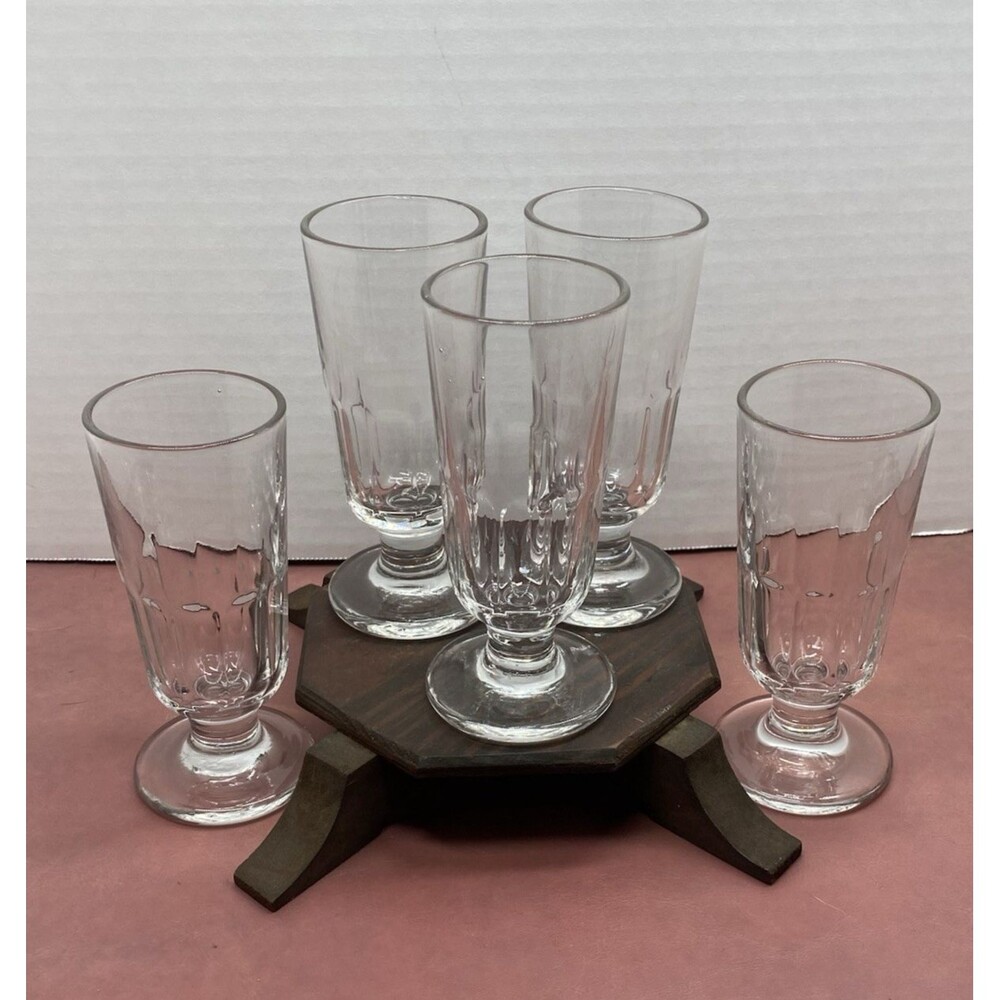 Vtg Early American Press Glass Footed Mini Ale Victorian Bar Paneled Set of 5